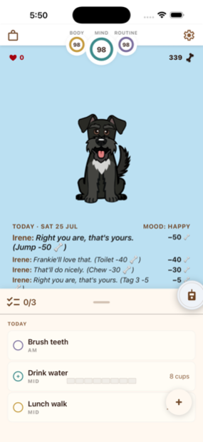 Frankie's home screen with Body, Mind and Routine health rings and today's habit list