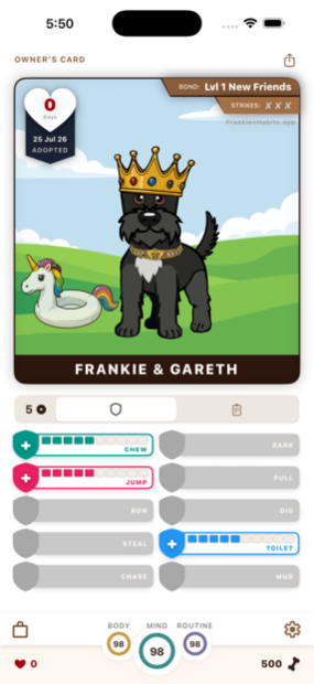 Owner's Card showing Frankie wearing a crown next to a unicorn pool float on grassy hills