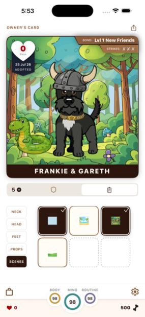 Owner's Card with Frankie in a viking helmet in a forest scene with an inflatable T-rex