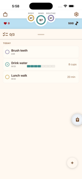 Expanded habit panel with morning, midday and night habits