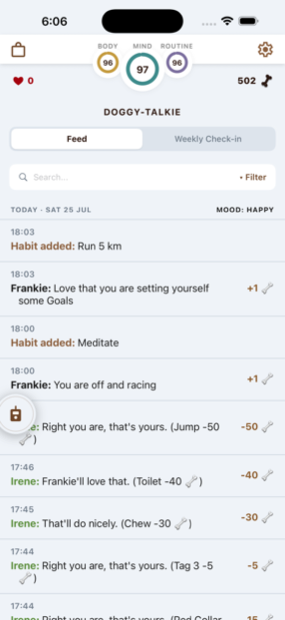 The Doggy Talkie feed showing messages from Frankie, Bill and Irene